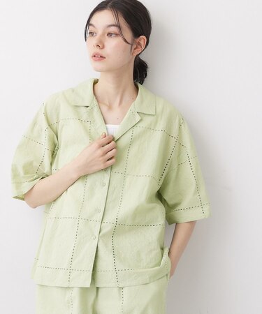 【セットアップ可/洗える】刺繍スクエアレースシャツ