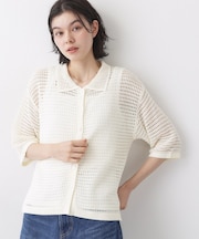 【洗える】透かし編み襟付きニットカーディガン