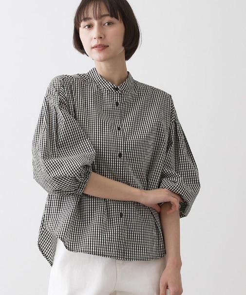 【洗える】バルーンスリーブバンドカラーシャツ