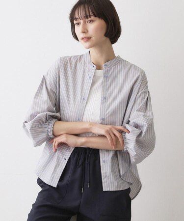 【洗える】バルーンスリーブバンドカラーシャツ