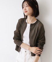 【洗える】チェック柄シアークルーネックカーディガン