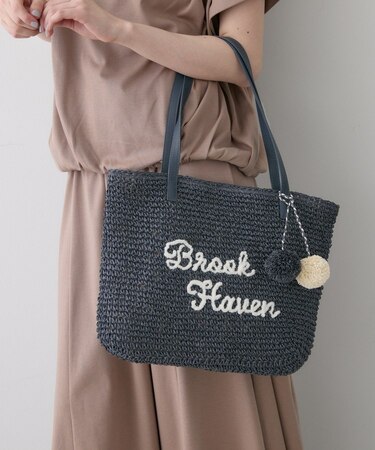 【A4収納可】ロゴ刺繍ポンポンチャーム付きペーパーメッシュトート