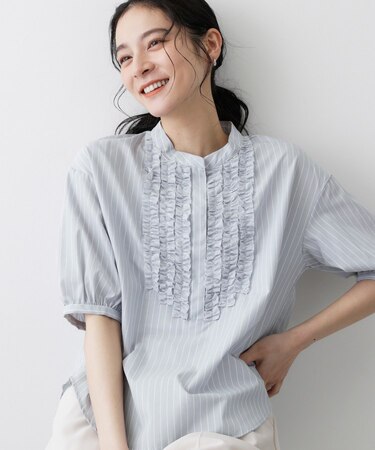 【着映え/洗える】フロントフリル五分袖ブラウス