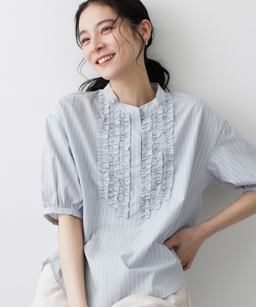 【着映え/洗える】フロントフリル五分袖ブラウス