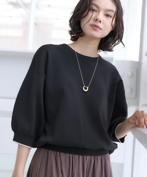 【UVカット/マシンウォッシャブル】6分袖配色ニット