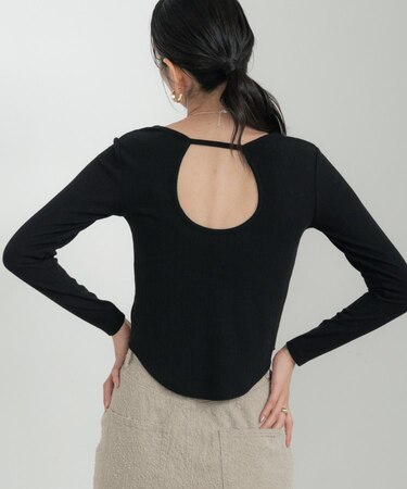 バックオープンリブ長袖Tシャツ