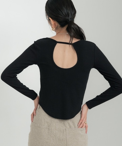 バックオープンリブ長袖Tシャツ