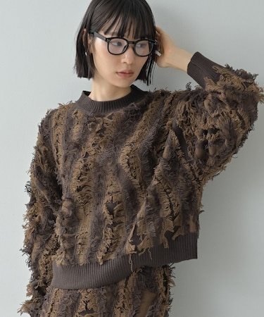 【セットアップ対応】アート柄フリンジジャカードニット