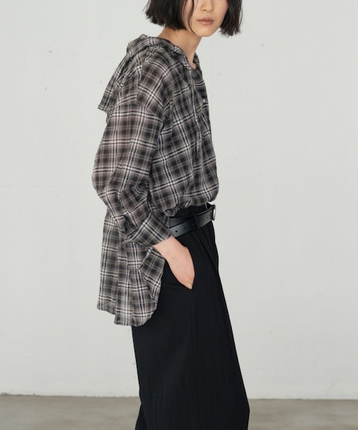 フード付 シアーチェックシャツ