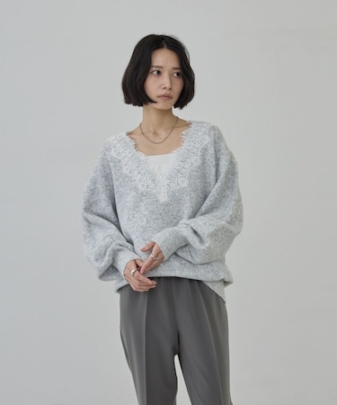 レースドッキング深Vネックニット【洗える】