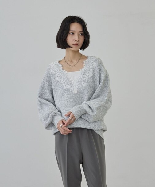 レースドッキング深Vネックニット【洗える】