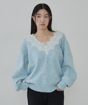 レースドッキング深Vネックニット【再入荷／洗える】