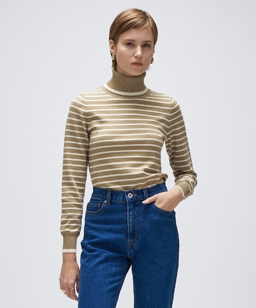 【手洗い可】カシミヤ混リブボーダータートルニット