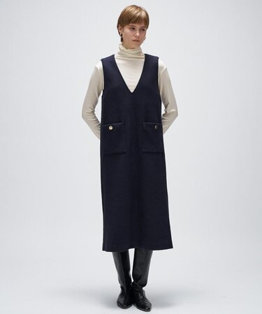 【手洗い可】メルトンジャージVネック ジャンパー スカート