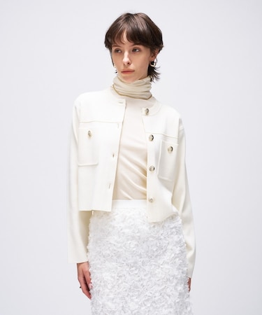 【手洗い可】ゴールドボタンノーカラーニットカーディガン