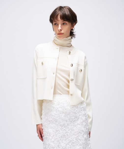 【手洗い可】ゴールドボタンノーカラーニットカーディガン