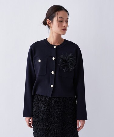 【手洗い可】ゴールドボタンノーカラーニットカーディガン