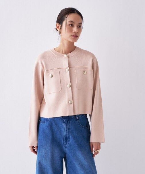 【オケージョン／手洗い可】ノーカラーニットカーディガン