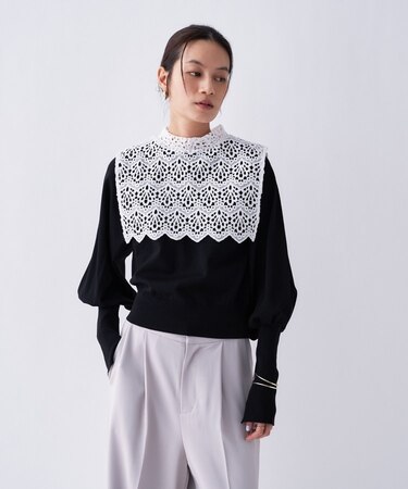 【2way／手洗い可】2wayレースパフスリーブニット