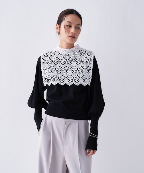 【2way／手洗い可】2wayレースパフスリーブニット