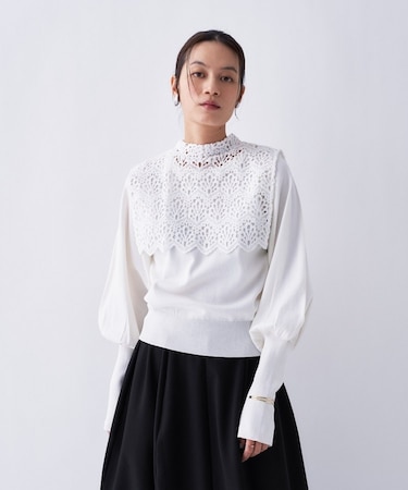 【2way／手洗い可】2wayレースパフスリーブニット