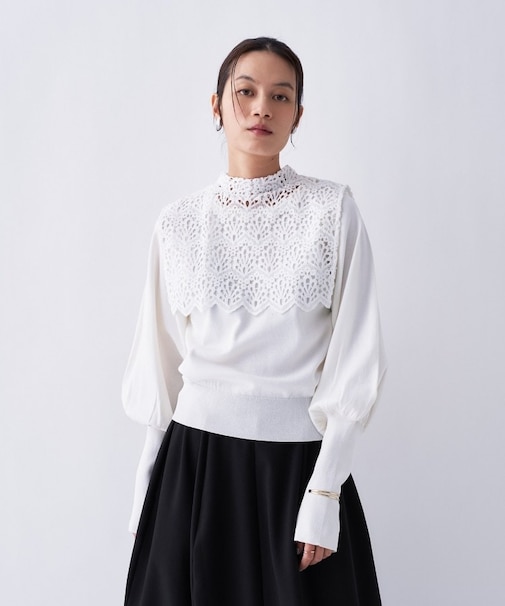 【2way／手洗い可】2wayレースパフスリーブニット