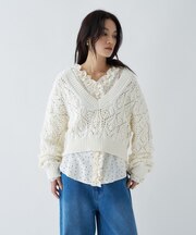 【手洗い可】クロシェ編みクロップドニットプルオーバー