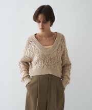 【手洗い可】クロシェ編みクロップドニットプルオーバー