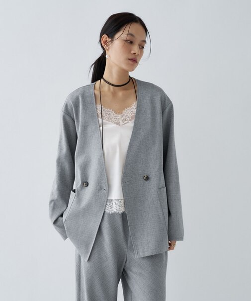 【セットアップ／接触冷感／マシンウォッシュ】リネンライクノーカラージャケット