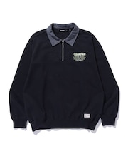 DENIM COLLAR HALF ZIP SWEATSHIRT