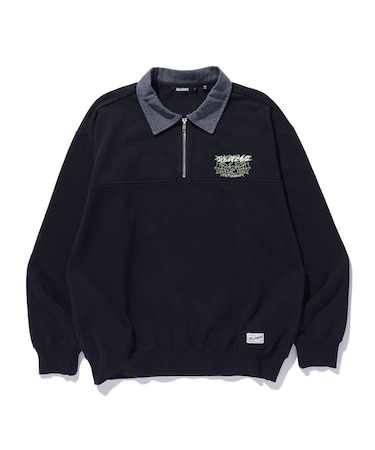 DENIM COLLAR HALF ZIP SWEATSHIRT