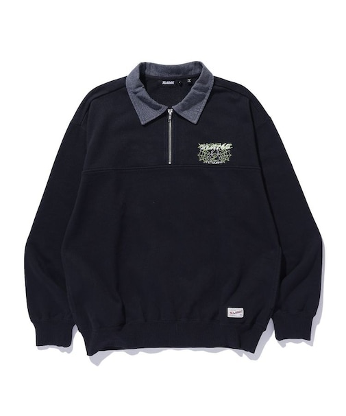 DENIM COLLAR HALF ZIP SWEATSHIRT