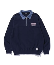DENIM COLLAR HALF ZIP SWEATSHIRT