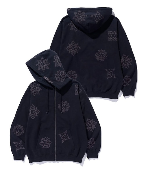 ALLOVER EMBROIDERY ZIP UP HOODED SWEATSHIRT