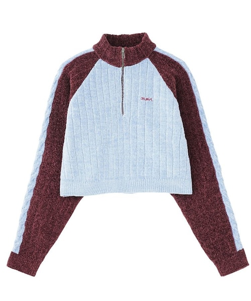 STRIPED SLEEVE HALF ZIP KNIT TOP｜エックスガールの通販