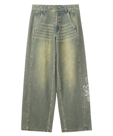 RHINESTONE LOGO LOOSE DENIM PANTS