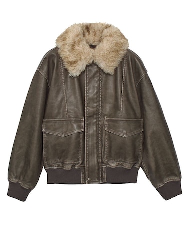 EMBOSSED LOGO PATCH DISTRESSED FAUX LEATHER JACKET