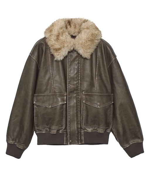 EMBOSSED LOGO PATCH DISTRESSED FAUX LEATHER JACKET