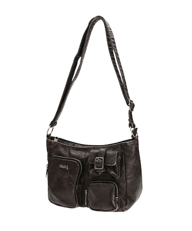 MULTI POCKET FADED FAUX LEATHER BAG