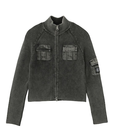 FADED WOVEN MIX ZIP UP KNIT TOP