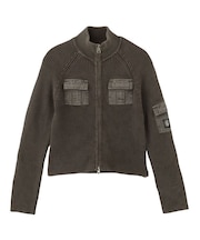 FADED WOVEN MIX ZIP UP KNIT TOP