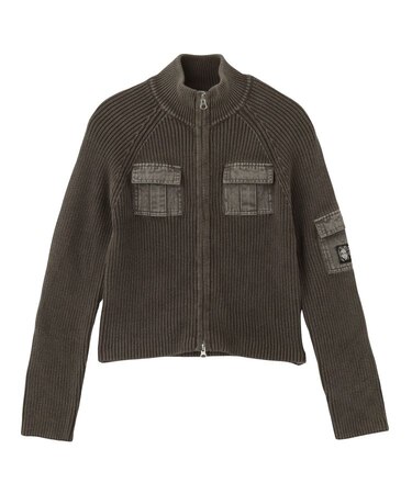 FADED WOVEN MIX ZIP UP KNIT TOP