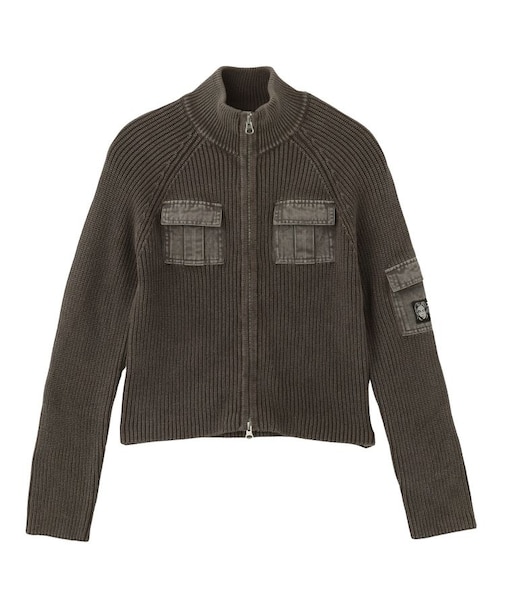 FADED WOVEN MIX ZIP UP KNIT TOP