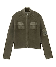 FADED WOVEN MIX ZIP UP KNIT TOP