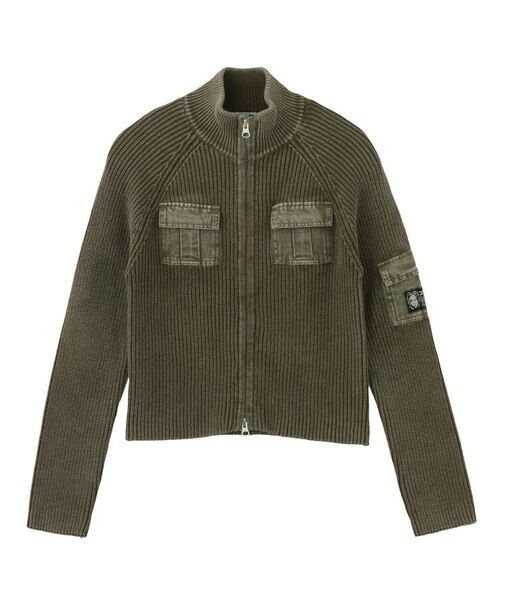 FADED WOVEN MIX ZIP UP KNIT TOP