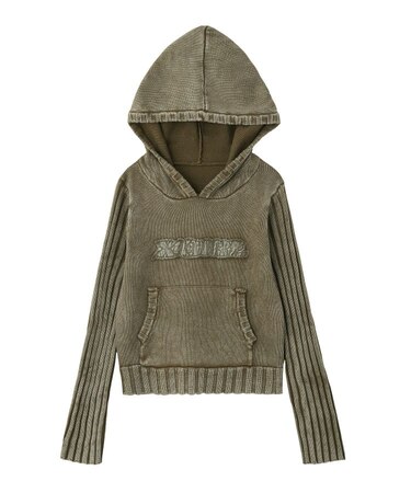 FADED WOVEN MIX KNIT HOODIE