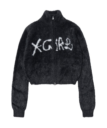LOGO JACQUARD ZIP UP SHAGGY KNIT TOP