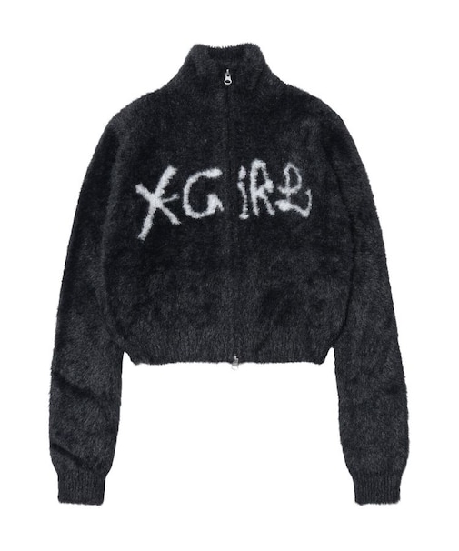 LOGO JACQUARD ZIP UP SHAGGY KNIT TOP