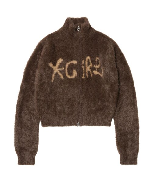 LOGO JACQUARD ZIP UP SHAGGY KNIT TOP