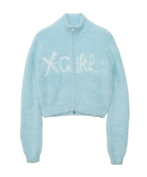 LOGO JACQUARD ZIP UP SHAGGY KNIT TOP